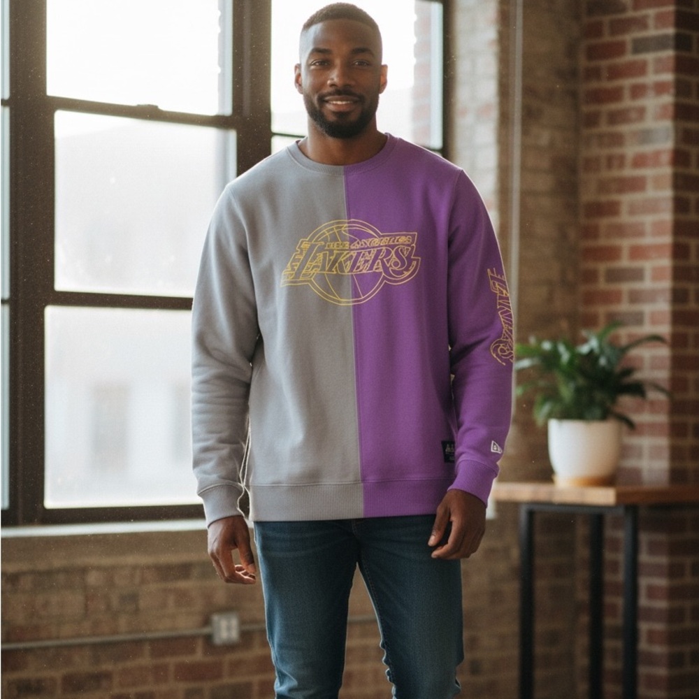 New Era Los Angeles Lakers Two-Tone Gray and Purple Crewneck Sweater